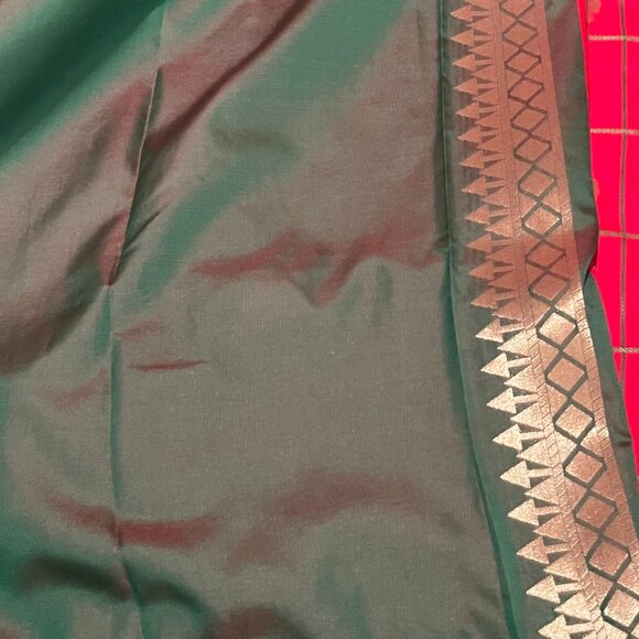 Red with Green check Indian traditional soft silk saree for women - Picture 7 of 16